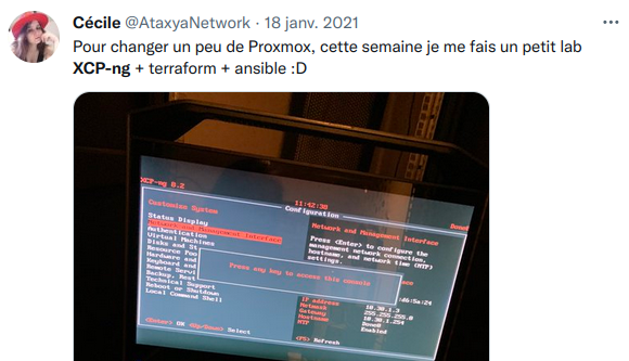 Cécile (Ataxya Network) tweetant en 2021 qu’elle testait XCP NG