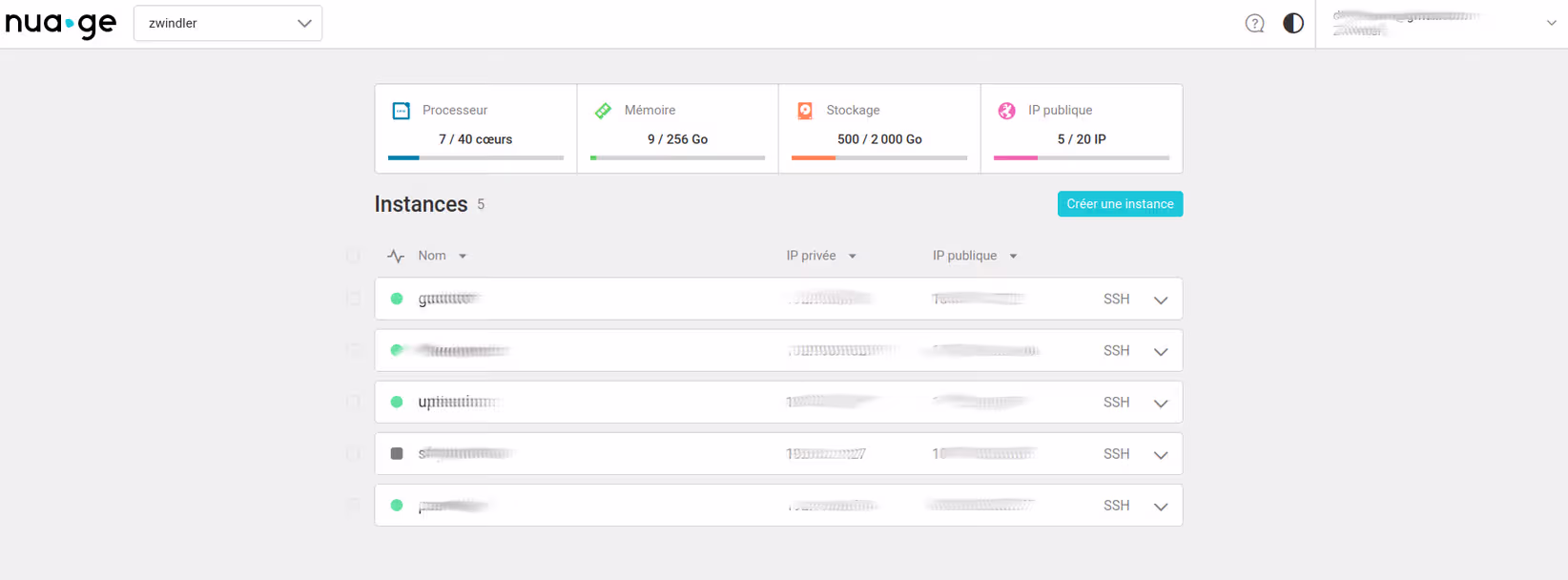 Vue du menu principal de nua.ge