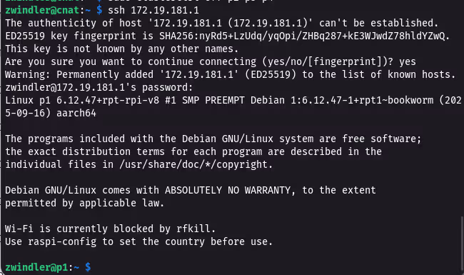 Connexion SSH au Pi Zero p1 via le réseau NAT du Cluster HAT