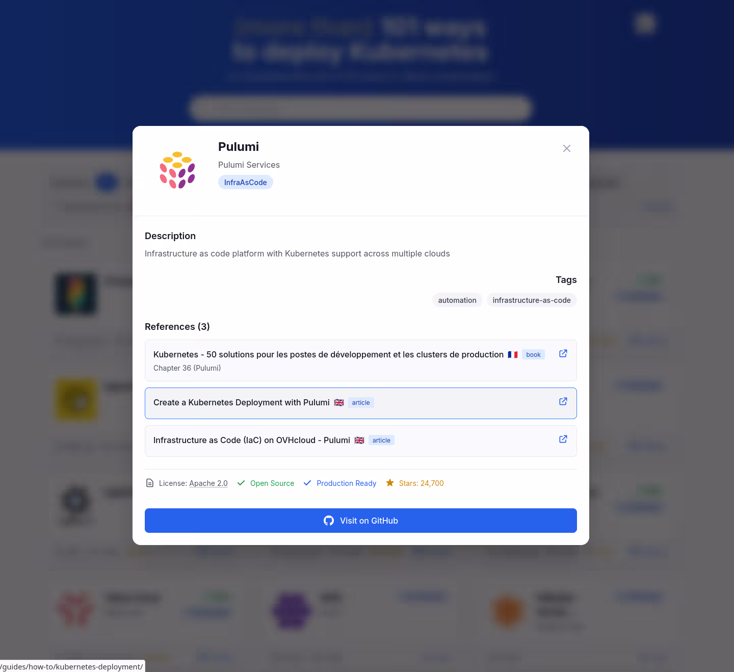 Detailed view of a Kubernetes solution card with logo, license, and GitHub stars