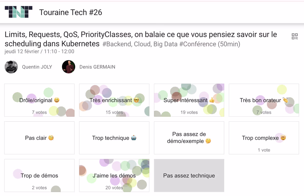 Retours positifs du public sur OpenFeedback pour notre talk Kubernetes