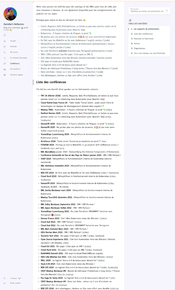 La page Conférences avant la refonte - un long fichier Markdown avec des listes à puces