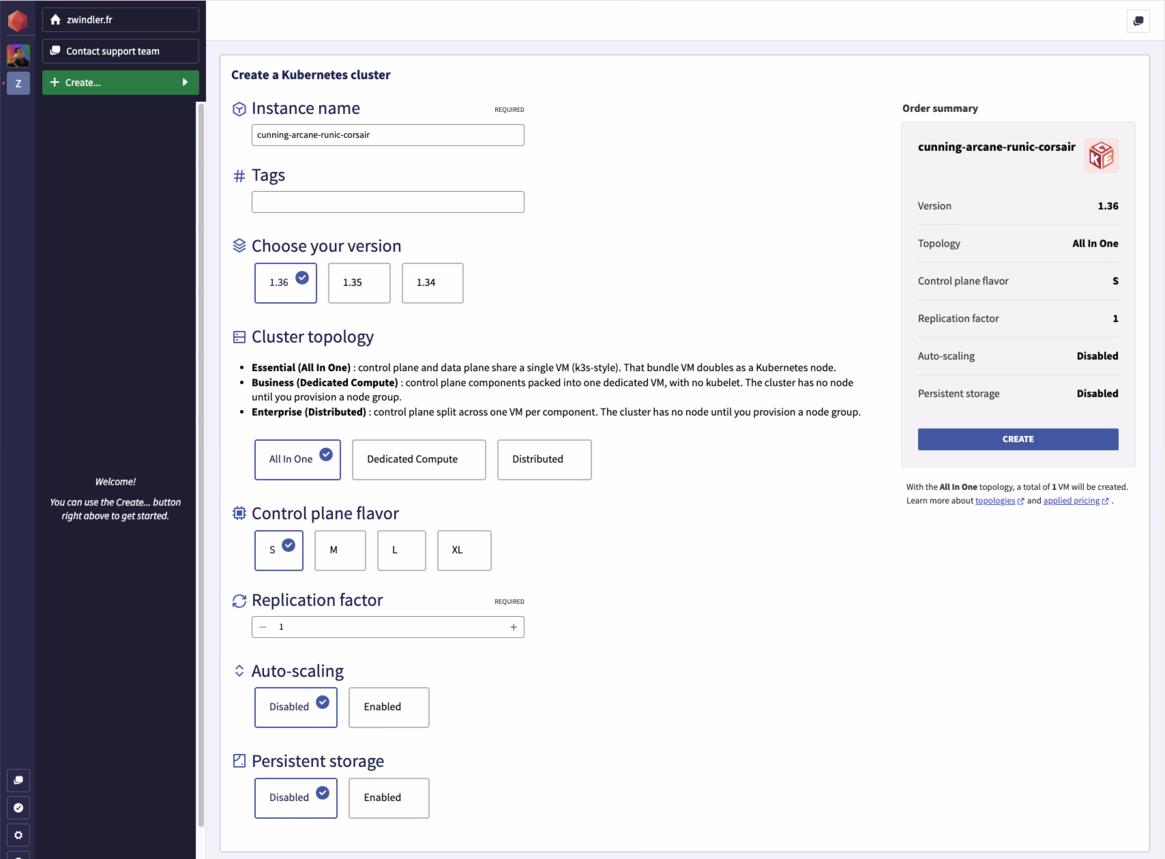 SCREENSHOT console création cluster