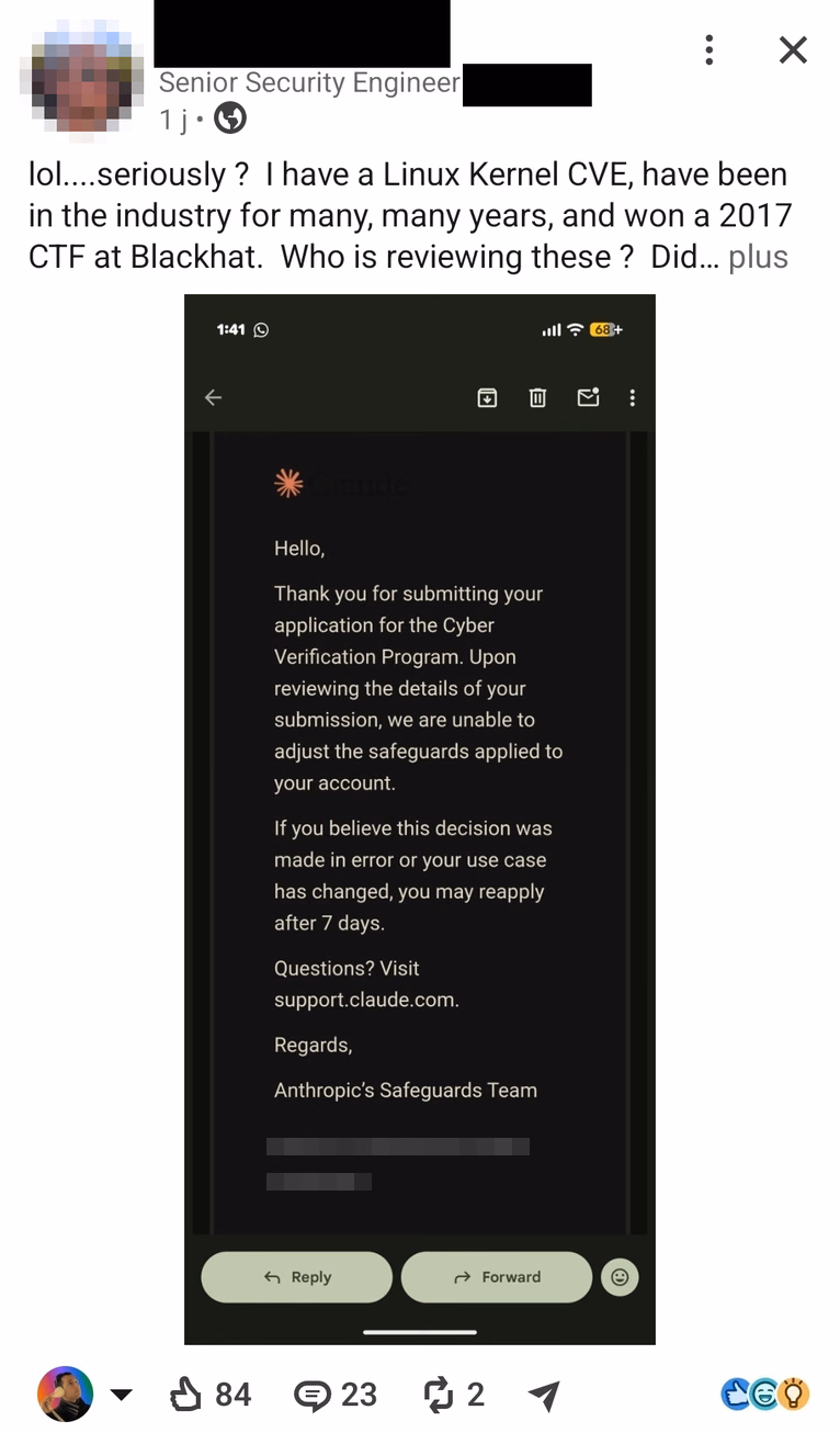 LinkedIn post from a senior security engineer holding a Linux kernel CVE, sharing the email rejecting their application to Anthropic’s Cyber Verification Program